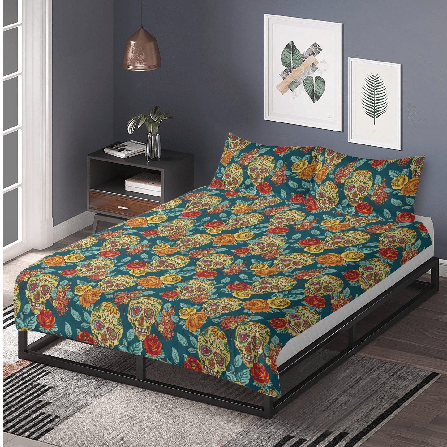 4pcs candy skull bedding duvet cover set, dia de los muertos skull bedding set, Mexican calaveras floral skull duvet cover pillow covers