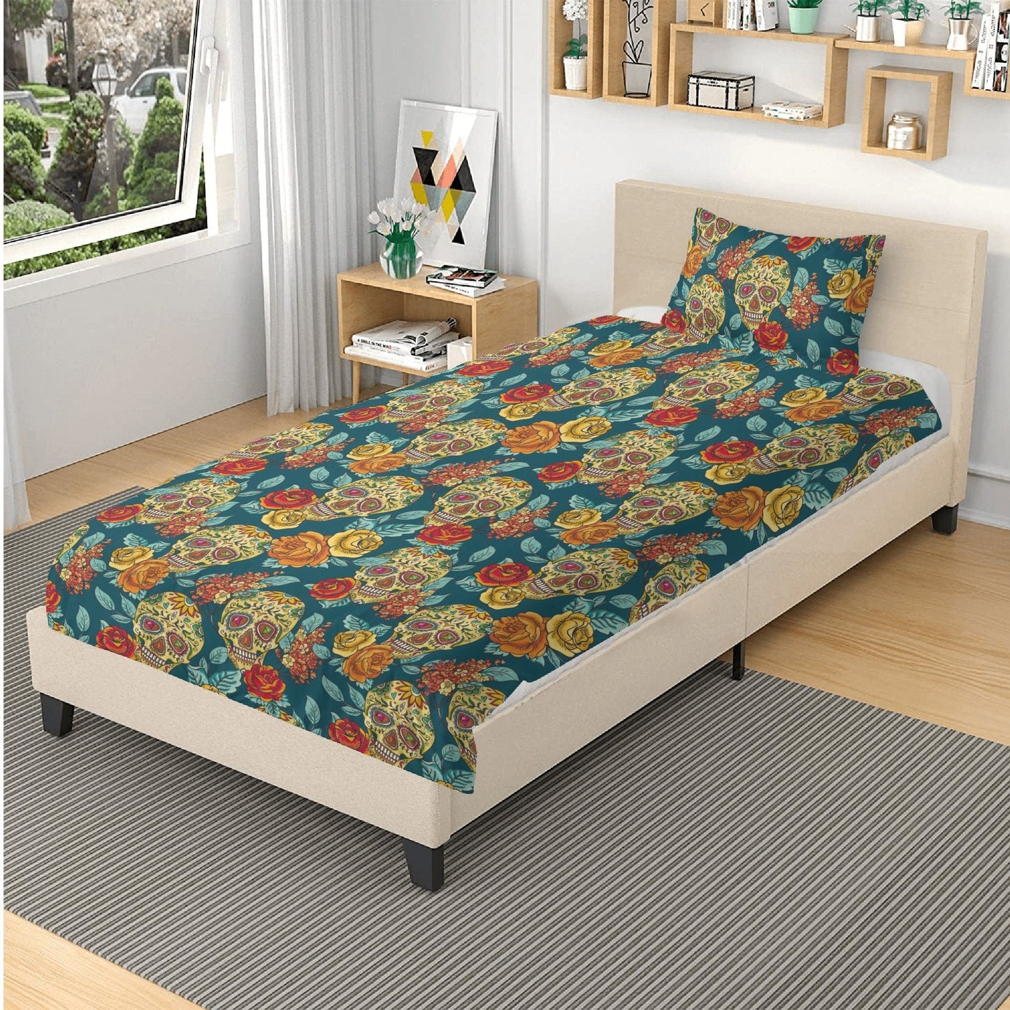 4pcs candy skull bedding duvet cover set, dia de los muertos skull bedding set, Mexican calaveras floral skull duvet cover pillow covers