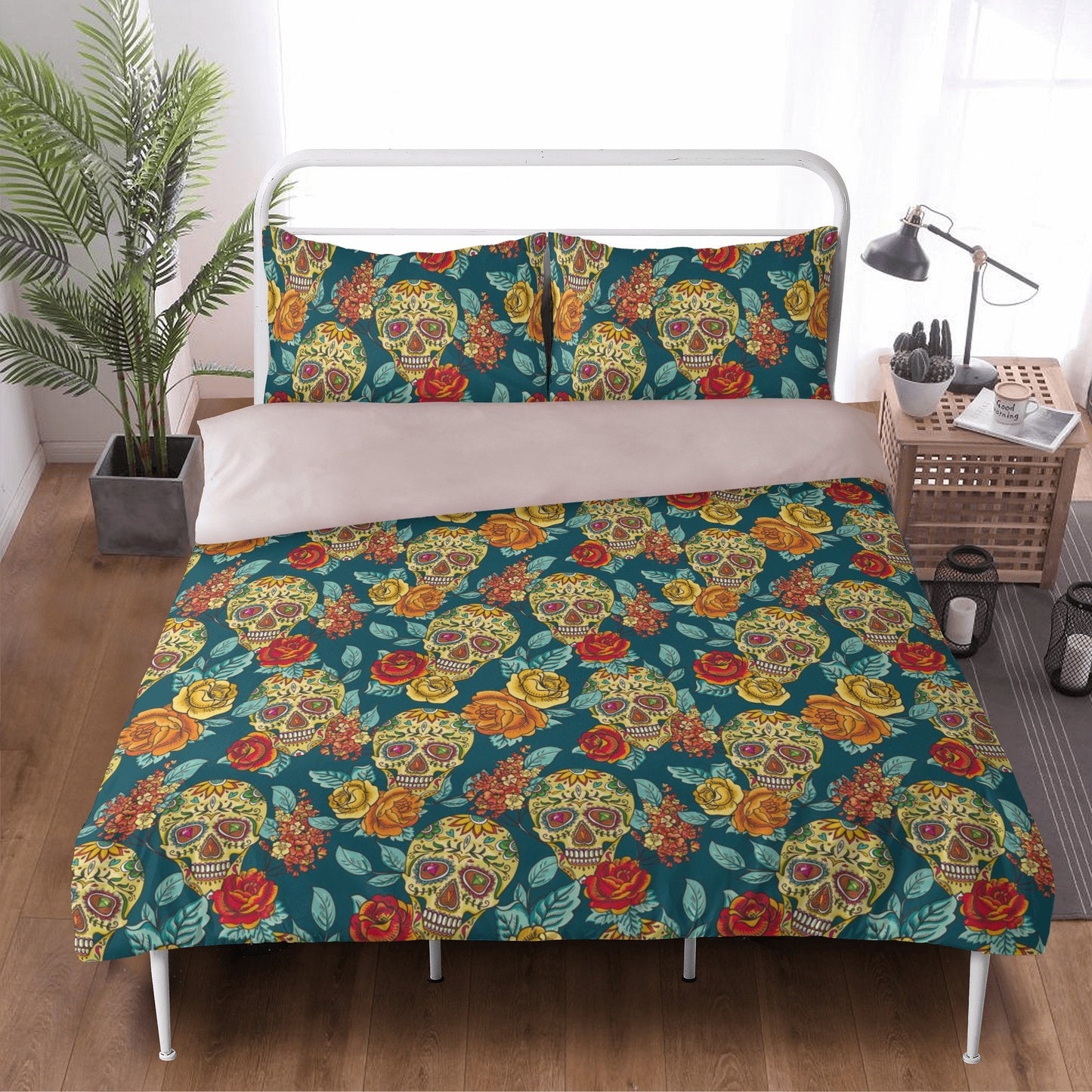 4pcs candy skull bedding duvet cover set, dia de los muertos skull bedding set, Mexican calaveras floral skull duvet cover pillow covers