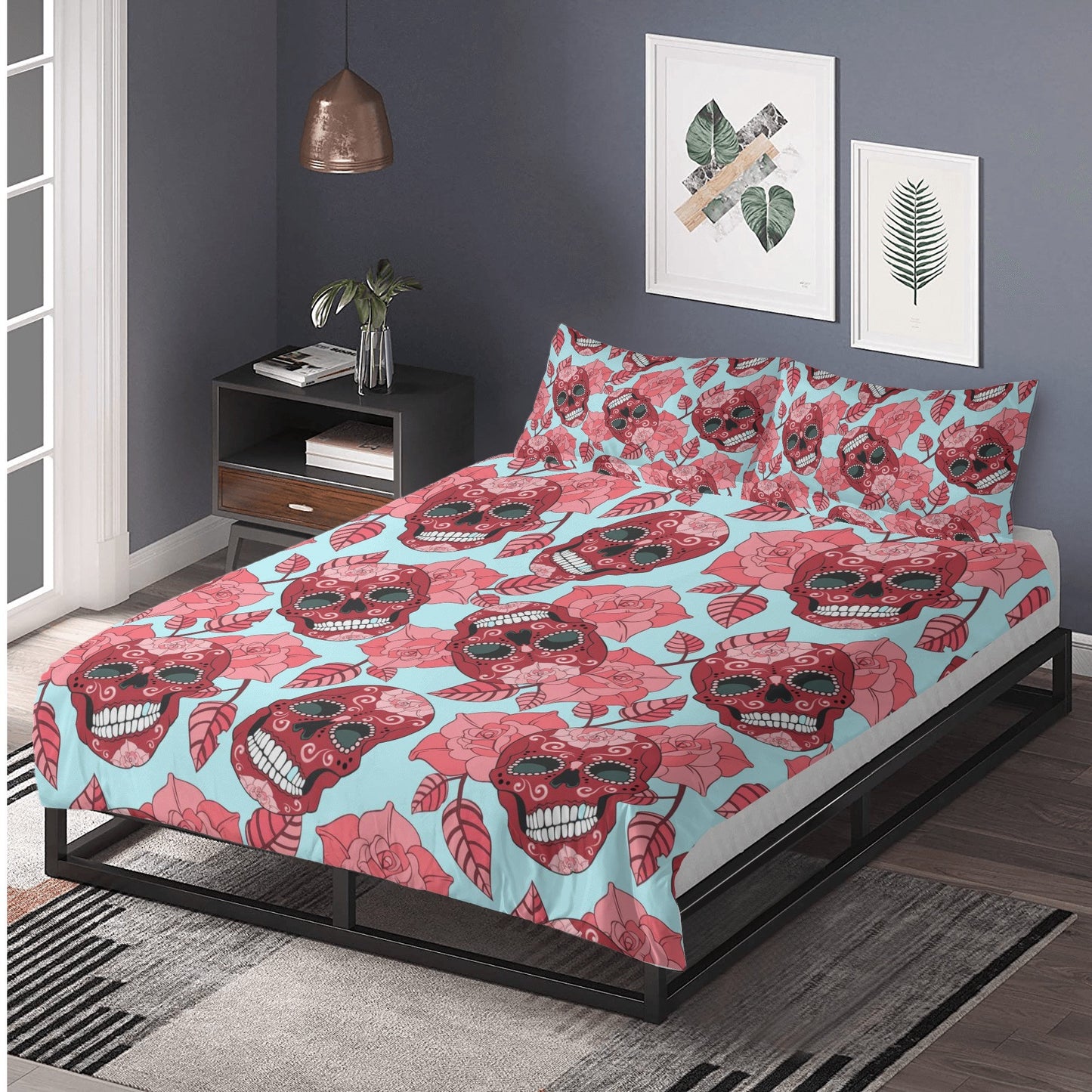 4pcs candy skull bedding set, skull duvet cover set, dia de los muertos skull bedding set, Mexican floral skull duvet cover pillow covers