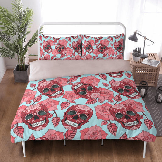 4pcs candy skull bedding set, skull duvet cover set, dia de los muertos skull bedding set, Mexican floral skull duvet cover pillow covers