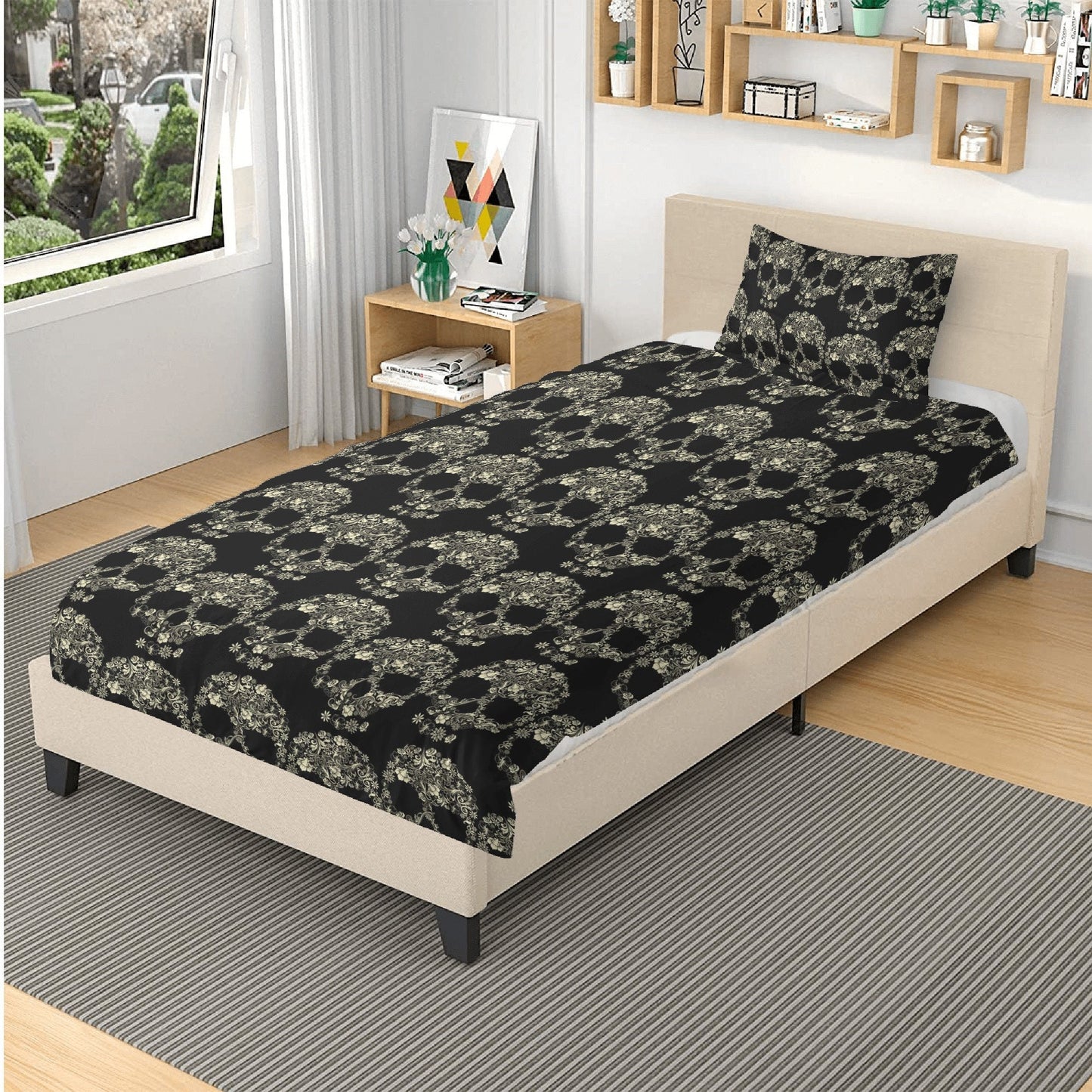 4pcs candy skull bedding set, skull duvet cover set, dia de los muertos skull bedding set, Halloween floral skull duvet cover pillow covers