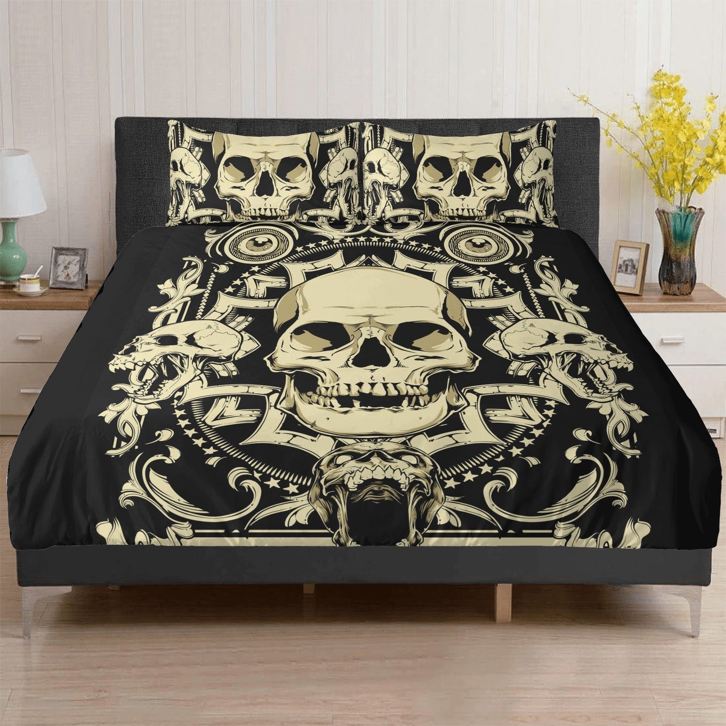 4pcs Horror skull bedding set, Gothic skeleton duvet cover set, Halloween skull bedding set, Grim reaper skull duvet cover pillow covers