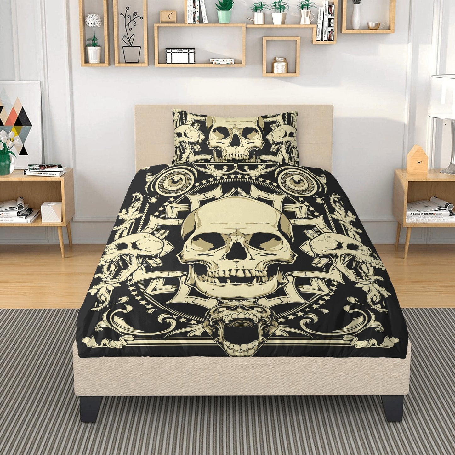 4pcs Horror skull bedding set, Gothic skeleton duvet cover set, Halloween skull bedding set, Grim reaper skull duvet cover pillow covers