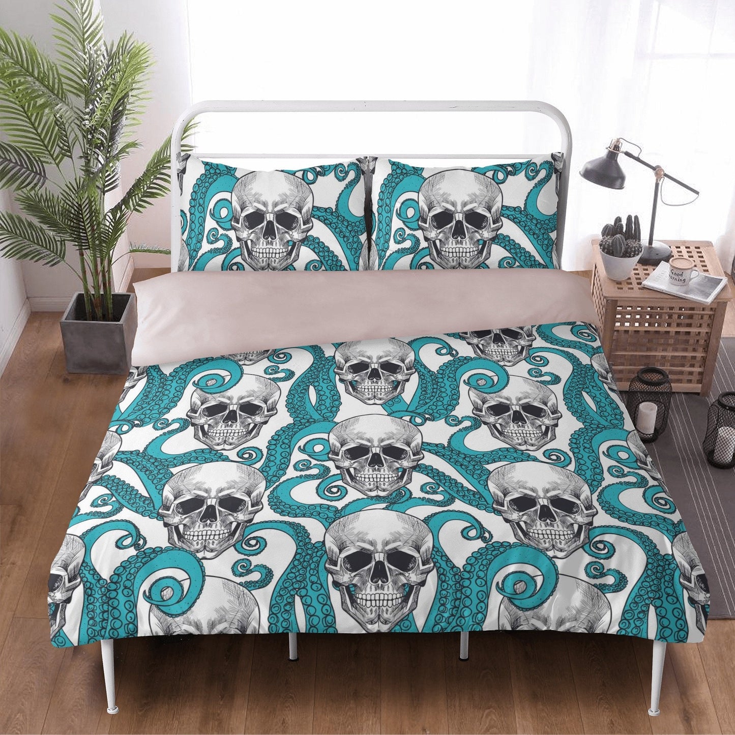 4pcs Horror skull bedding set, Gothic skeleton duvet cover set, Halloween skull bedding set, Grim reaper skull duvet cover pillow covers