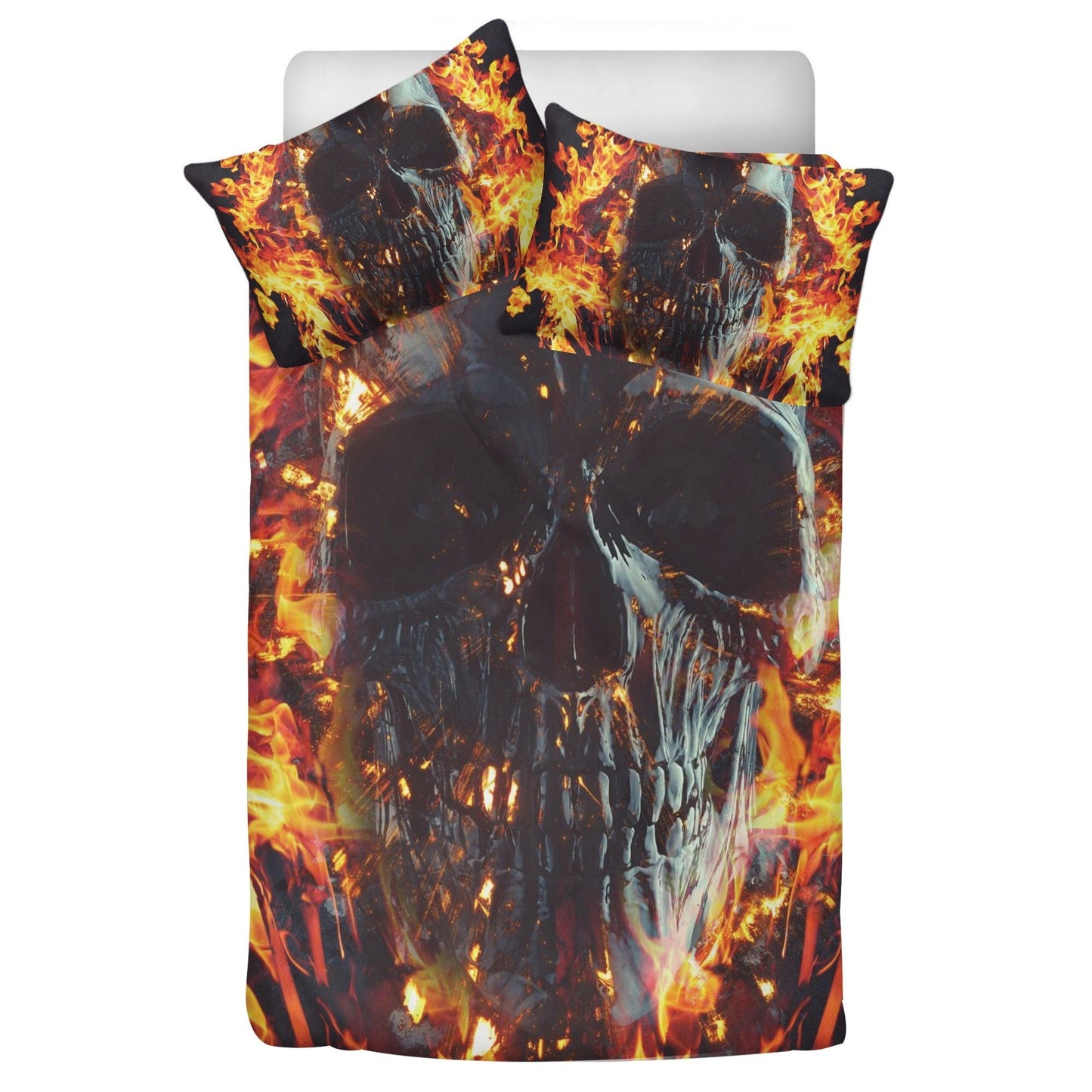 4pcs Flaming skull bedding set, Fire skull skeleton duvet cover set, Halloween skull bedding set Grim reaper skull duvet cover pillow covers