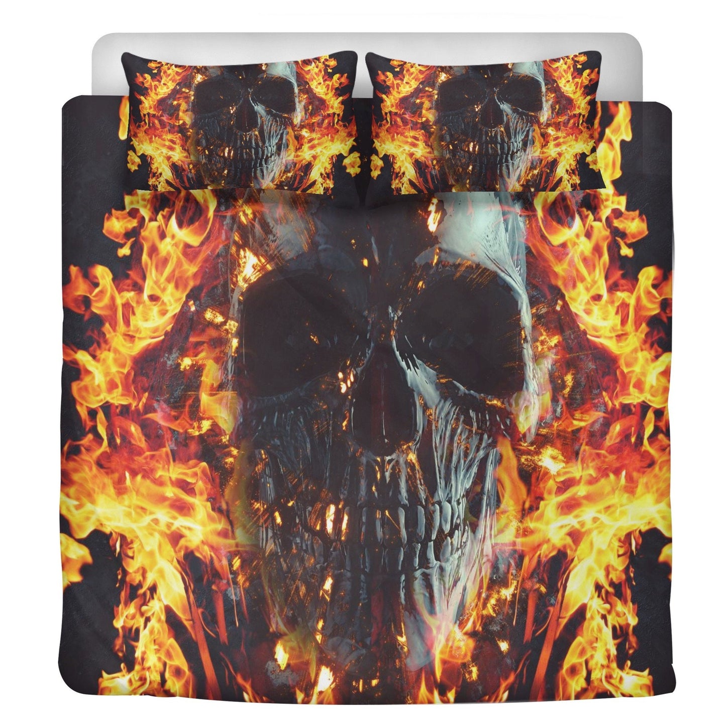 4pcs Flaming skull bedding set, Fire skull skeleton duvet cover set, Halloween skull bedding set Grim reaper skull duvet cover pillow covers
