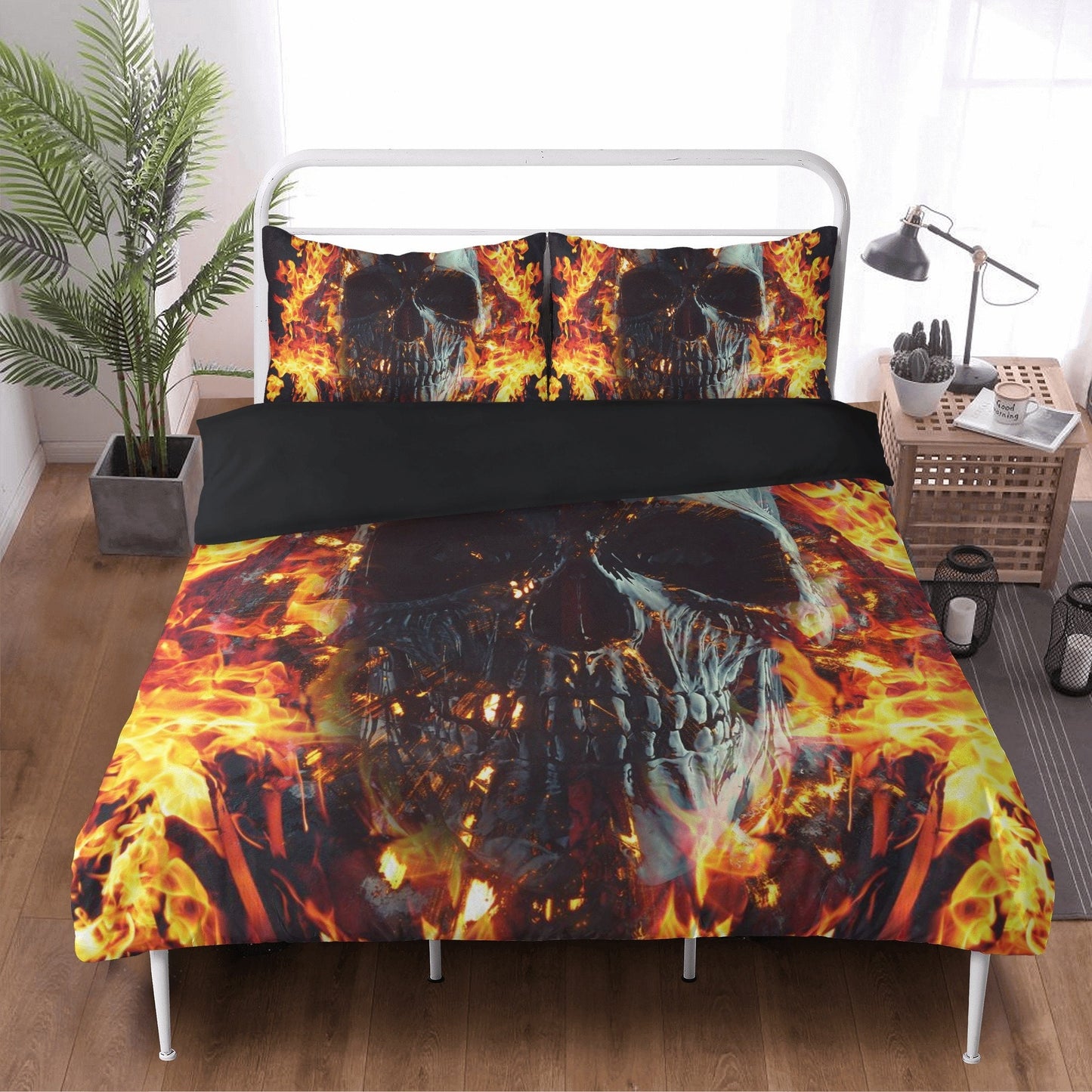 4pcs Flaming skull bedding set, Fire skull skeleton duvet cover set, Halloween skull bedding set Grim reaper skull duvet cover pillow covers