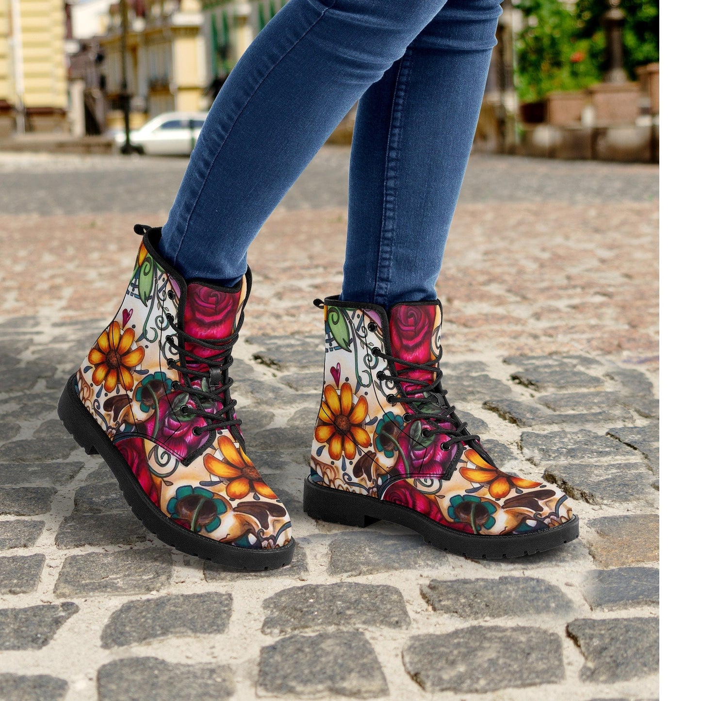 Day of the dead floral leather boots, sugar skull boots for men women, candy skull boots for women men, skull men's boots calaveras boots