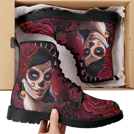 Calaveras mexican skull girl leather boots, sugar skull boots for men women, day of the dead skulls boots for women men, skull girl boots