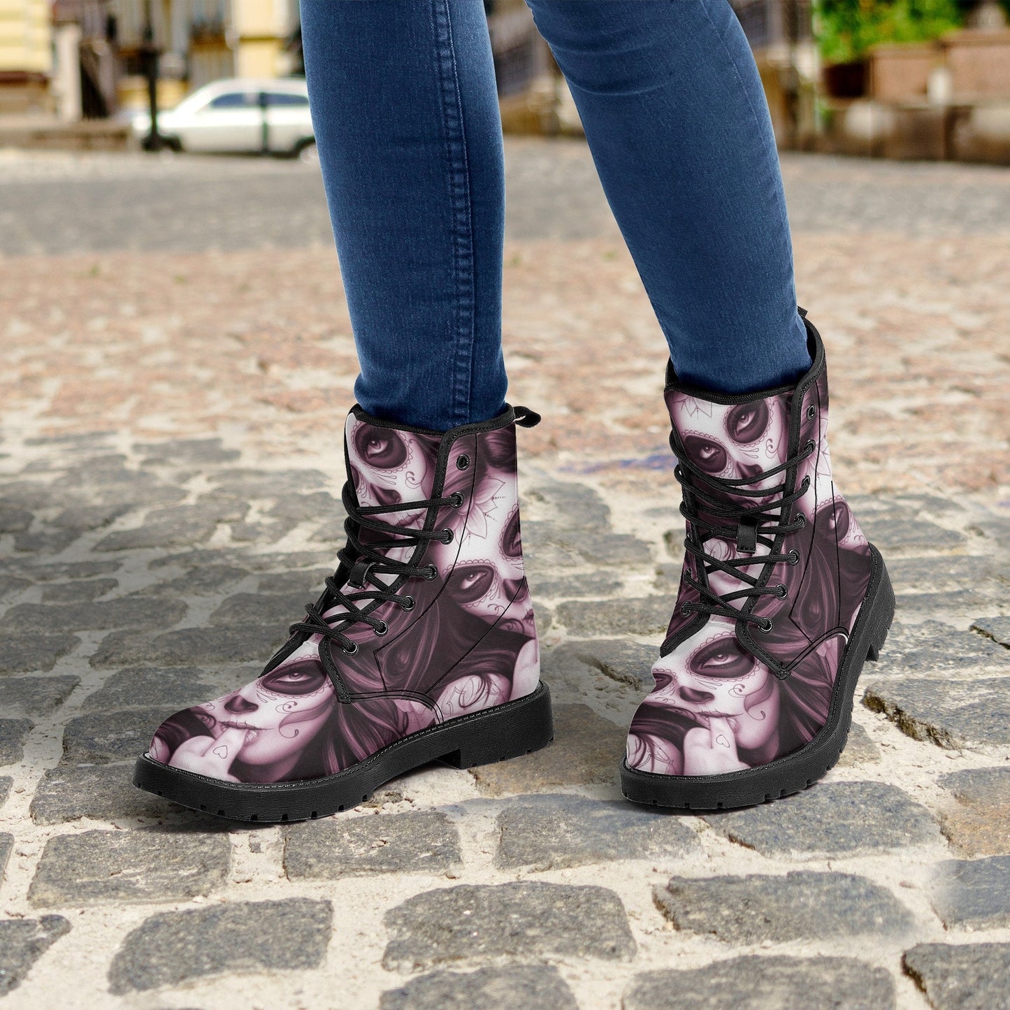 Calaveras mexican skull girl leather boots, sugar skull boots for men women, day of the dead skulls boots for women men, skull girl boots