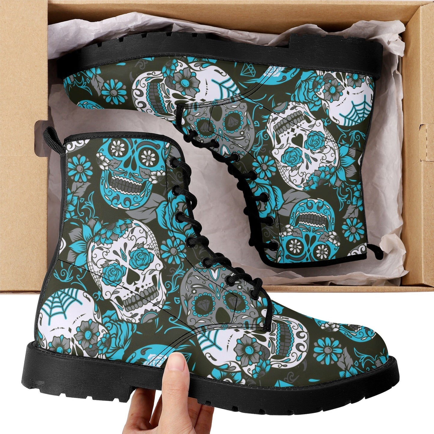 Floral candy skull leather boots, sugar skull boots for men women, Calaveras skull boots for women men, skull men's boots gothic women boots