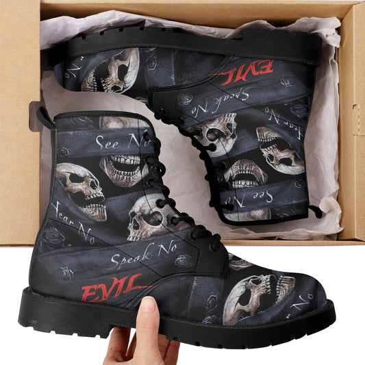 No see no hear no speak skull leather boots, Gothic skull boots for men women, skeleton boots for men gothic skulls leather boots for women