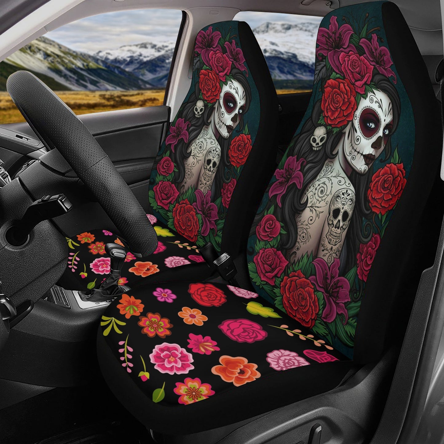 Flower Sugar skull Car Seat Covers car mat flower skull car seat protector rose Mexican skull car mat candy skull car accessories seat cover