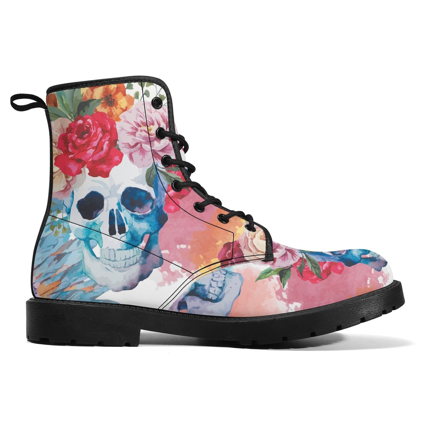 Beautiful floral skull boots for men women, Halloween gothic skull women boots skeleton boots, Rose skulls Halloween leather boots shoes