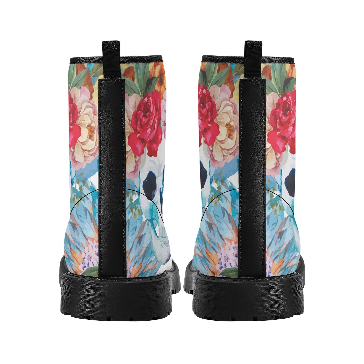 Beautiful floral skull boots for men women, Halloween gothic skull women boots skeleton boots, Rose skulls Halloween leather boots shoes