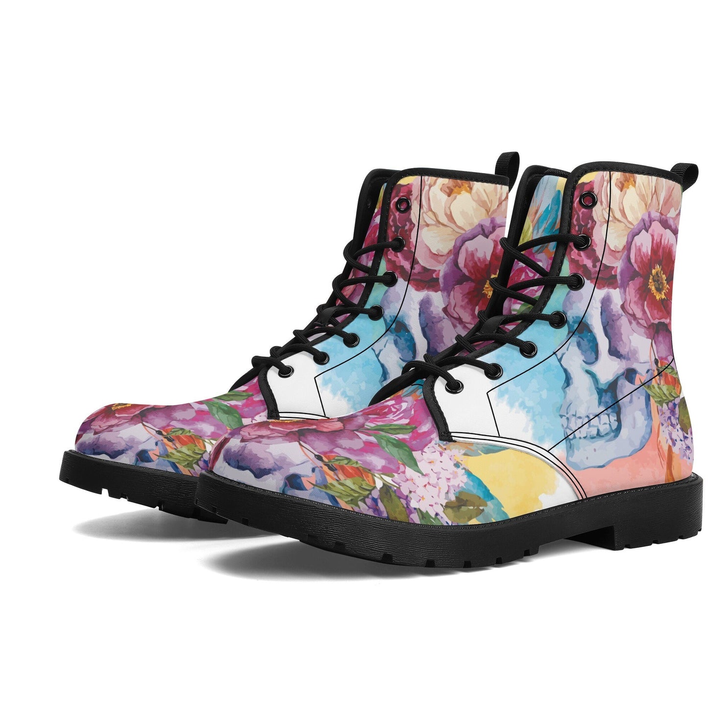 Beautiful floral skull boots for men women, Halloween gothic skull women boots skeleton boots, Rose skulls Halloween leather boots shoes