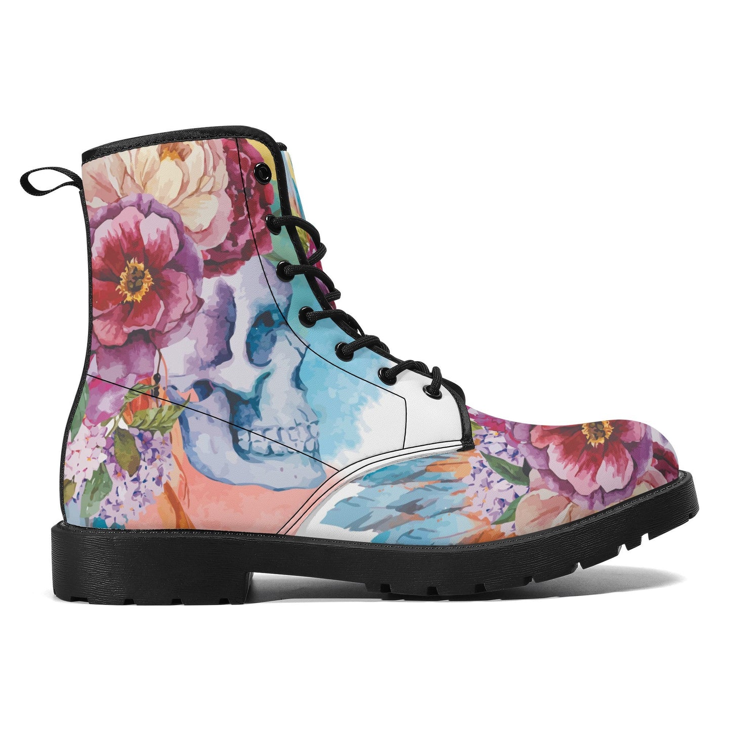 Beautiful floral skull boots for men women, Halloween gothic skull women boots skeleton boots, Rose skulls Halloween leather boots shoes