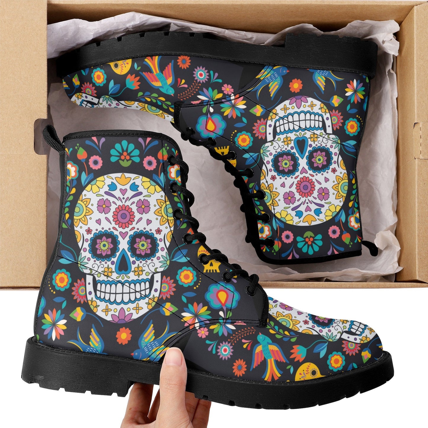 Day of the dead skull boots for men women, Mexican calaveras candy skull women boots skeleton boots, Mexican skulls men leather boots shoes