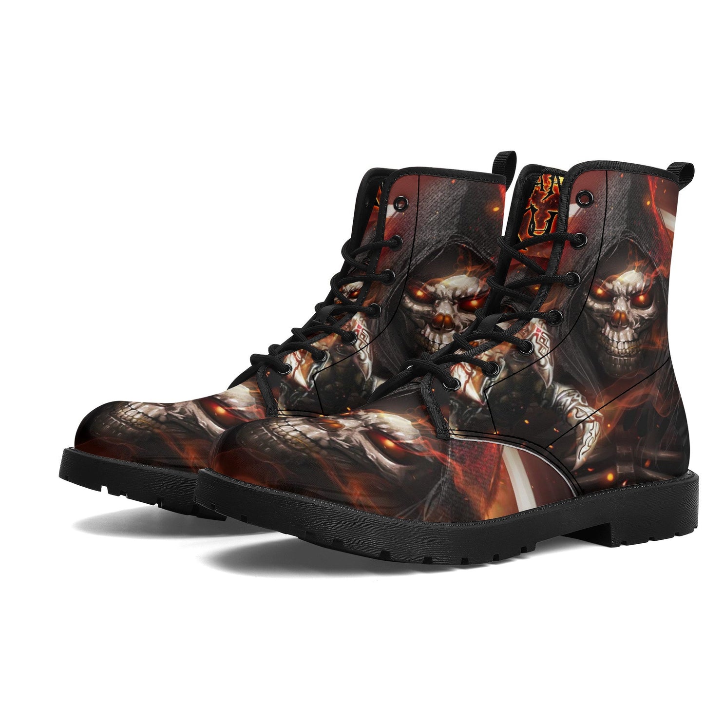 Reaper flaming skull boots for men women, Horror punisher skull gothic women boots skeleton boots, Skeleton fire skulls leather boots shoes