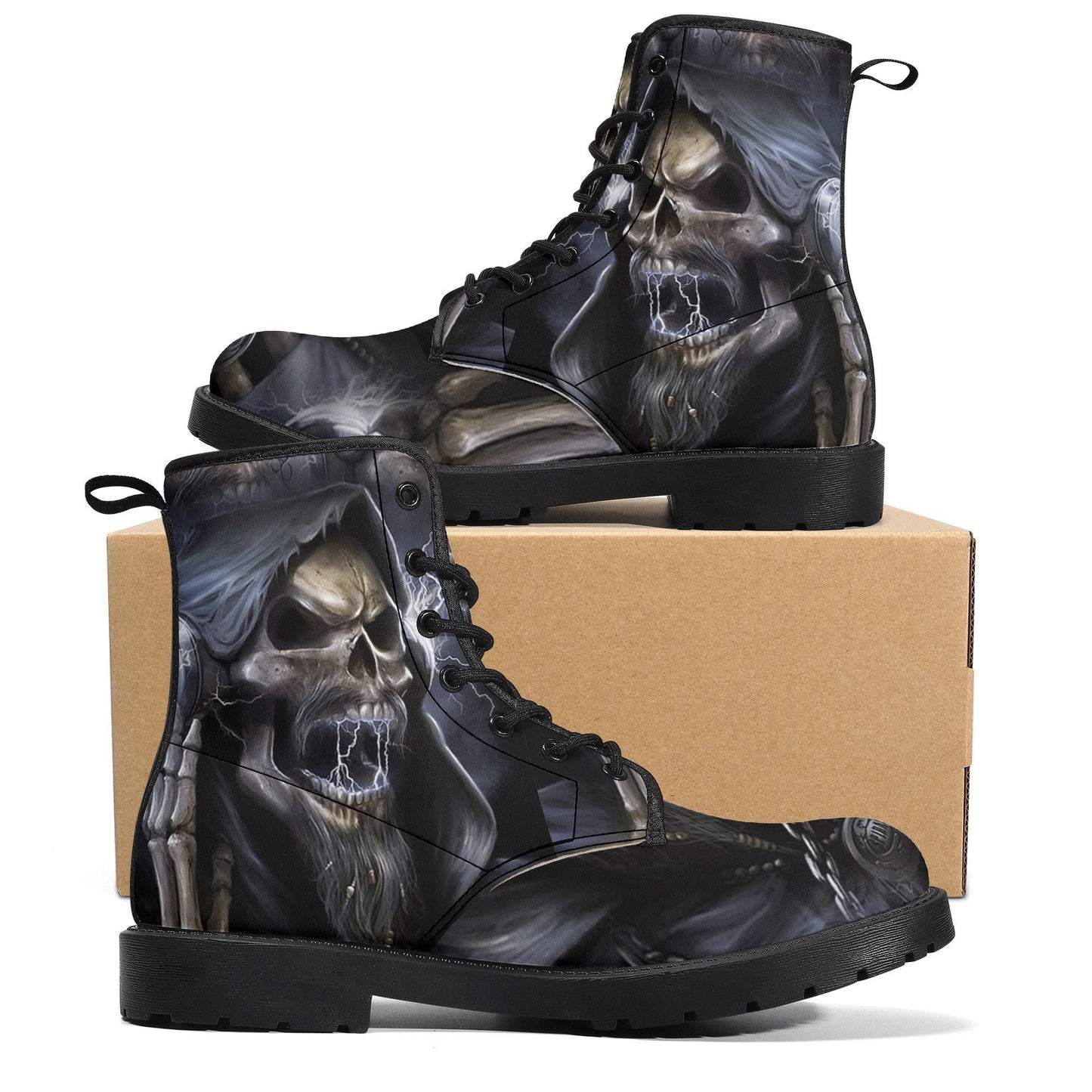 Grim reaper skull boots for men women, Horror punisher skull gothic women boots skeleton boots, Halloween fire skulls leather boots shoes