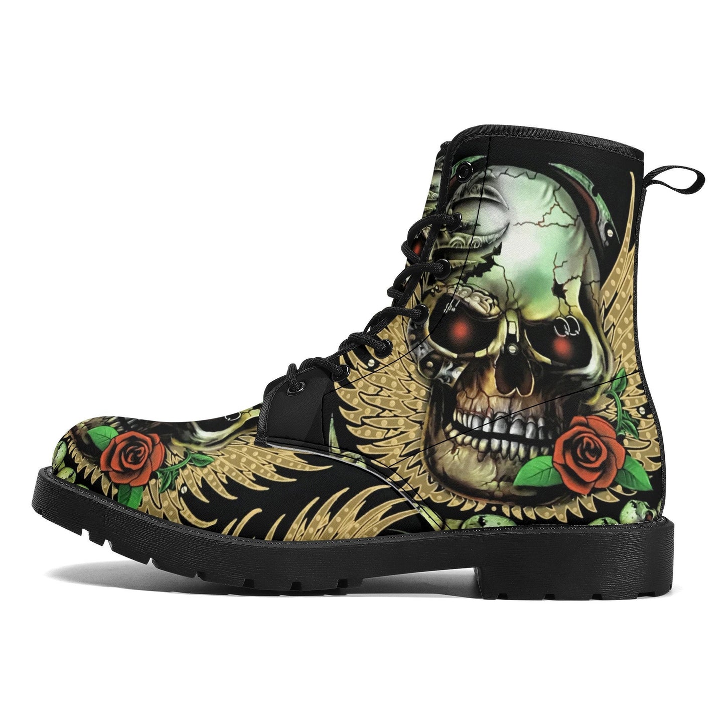 Grim reaper rose skull boots for men women, Gothic punisher skull women boots skeleton boots, Halloween punisher skulls leather boots shoes