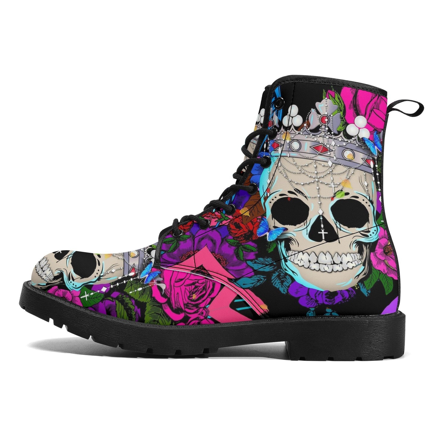 Floral King Queen skull boots for men women, Roes punisher skull women boots skeleton boots, Death Halloween leather boots shoes sneakers