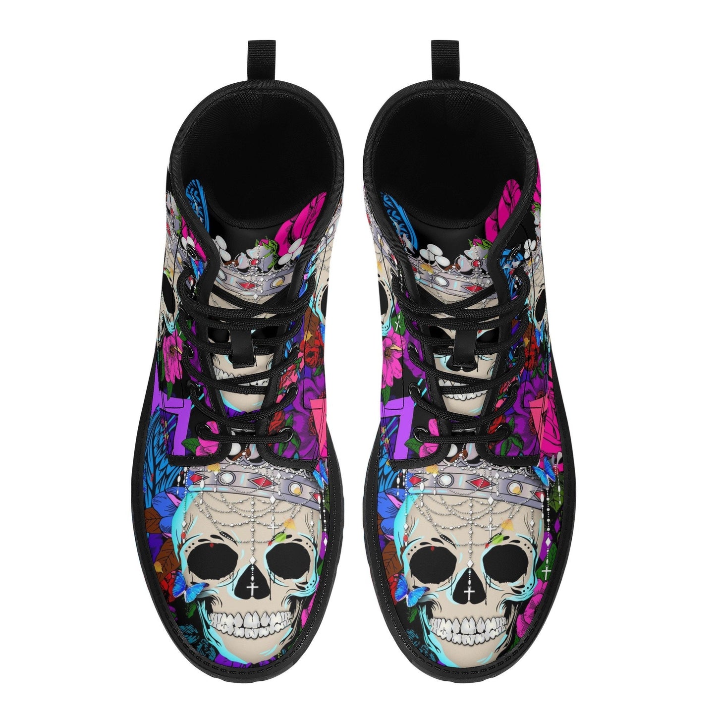 Floral King Queen skull boots for men women, Roes punisher skull women boots skeleton boots, Death Halloween leather boots shoes sneakers