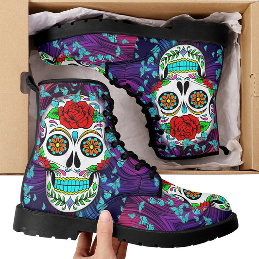 Dia de los muertos skull leather boots, Candy skull boots, Mexico butterfly sugar skull boots for women, skull men boots gothic women boots
