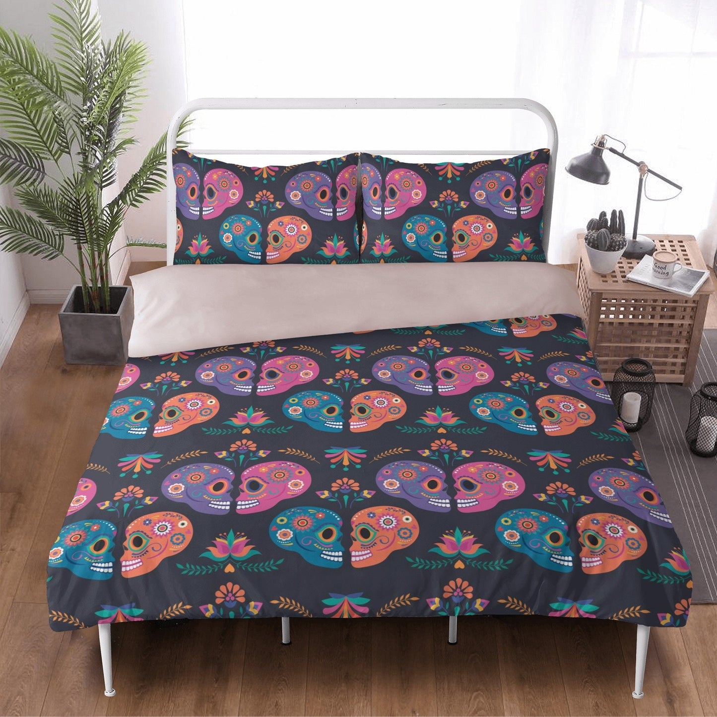 4pcs sugar skull bedding set, candy skull duvet cover set, day of the dead skull bedding set Halloween gothic skull duvet cover pillow cover