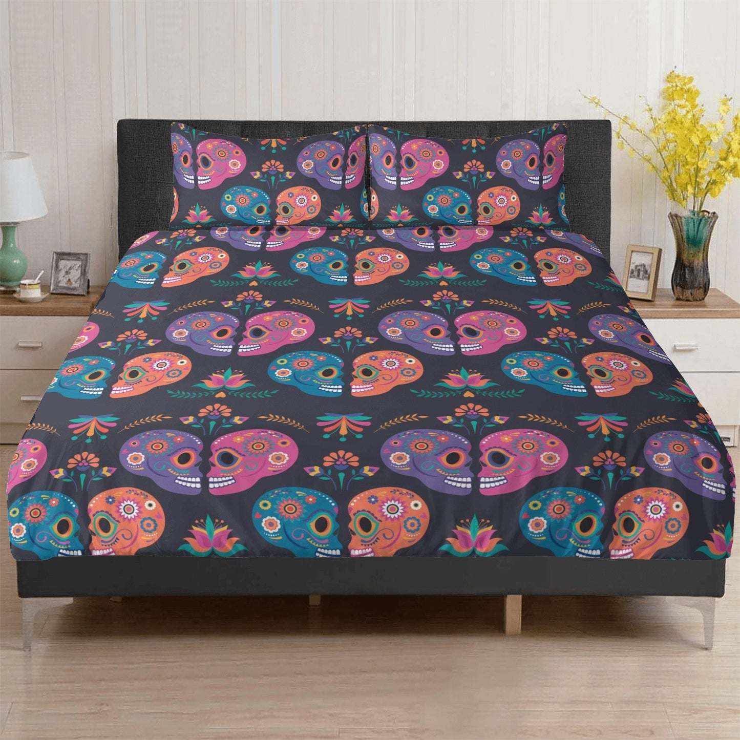 4pcs sugar skull bedding set, candy skull duvet cover set, day of the dead skull bedding set Halloween gothic skull duvet cover pillow cover