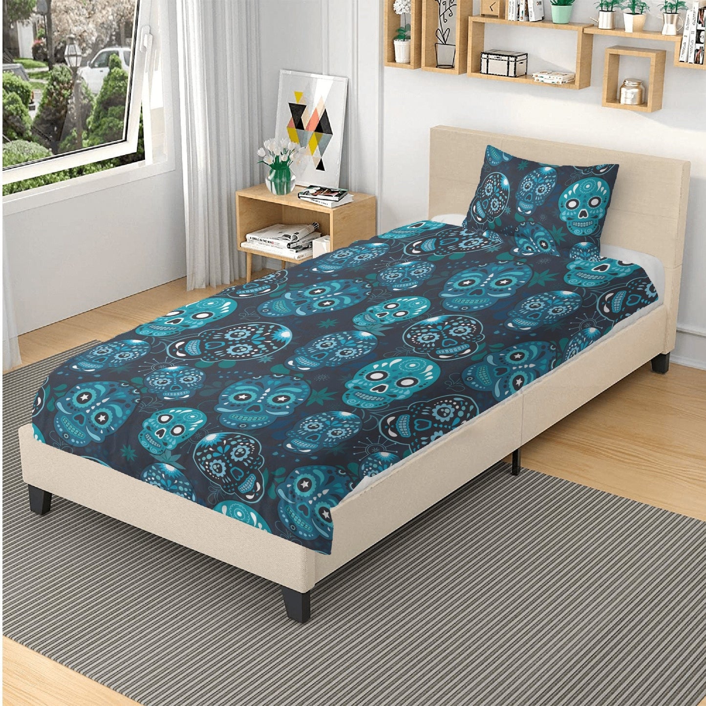 4pcs Mexican skull bedding duvet cover set, day of the dead skull bedding set, dia de los muertos sugar skull duvet cover set pillow covers