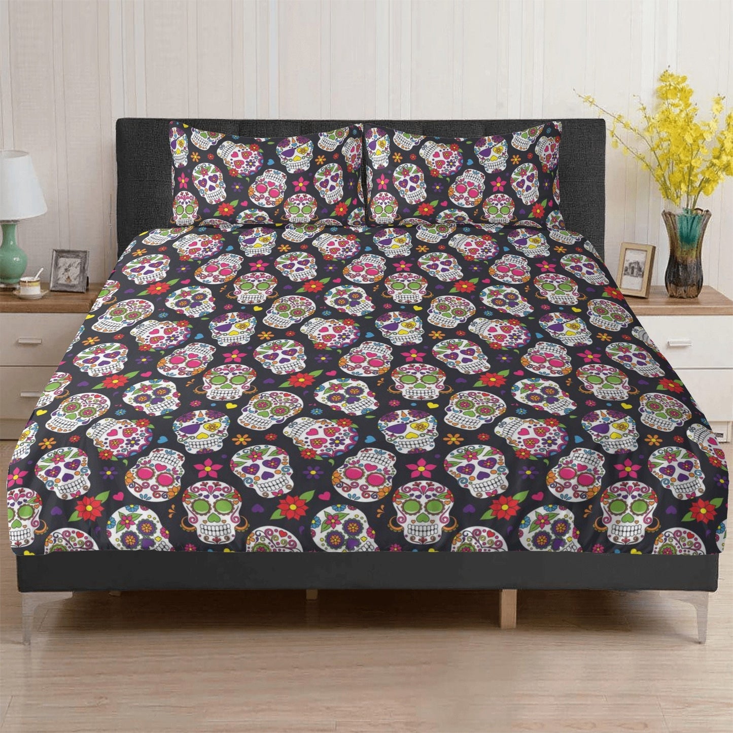 4pcs sugar skull bedding set, candy skull duvet cover set, day of the dead skull bedding set Halloween gothic skull duvet cover pillow cover