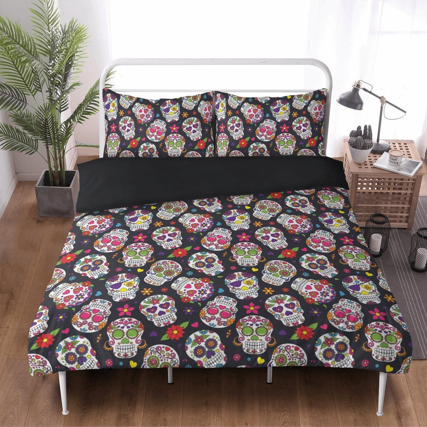4pcs sugar skull bedding set, candy skull duvet cover set, day of the dead skull bedding set Halloween gothic skull duvet cover pillow cover