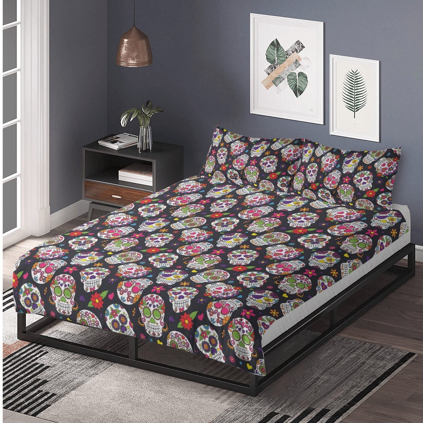 4pcs sugar skull bedding set, candy skull duvet cover set, day of the dead skull bedding set Halloween gothic skull duvet cover pillow cover