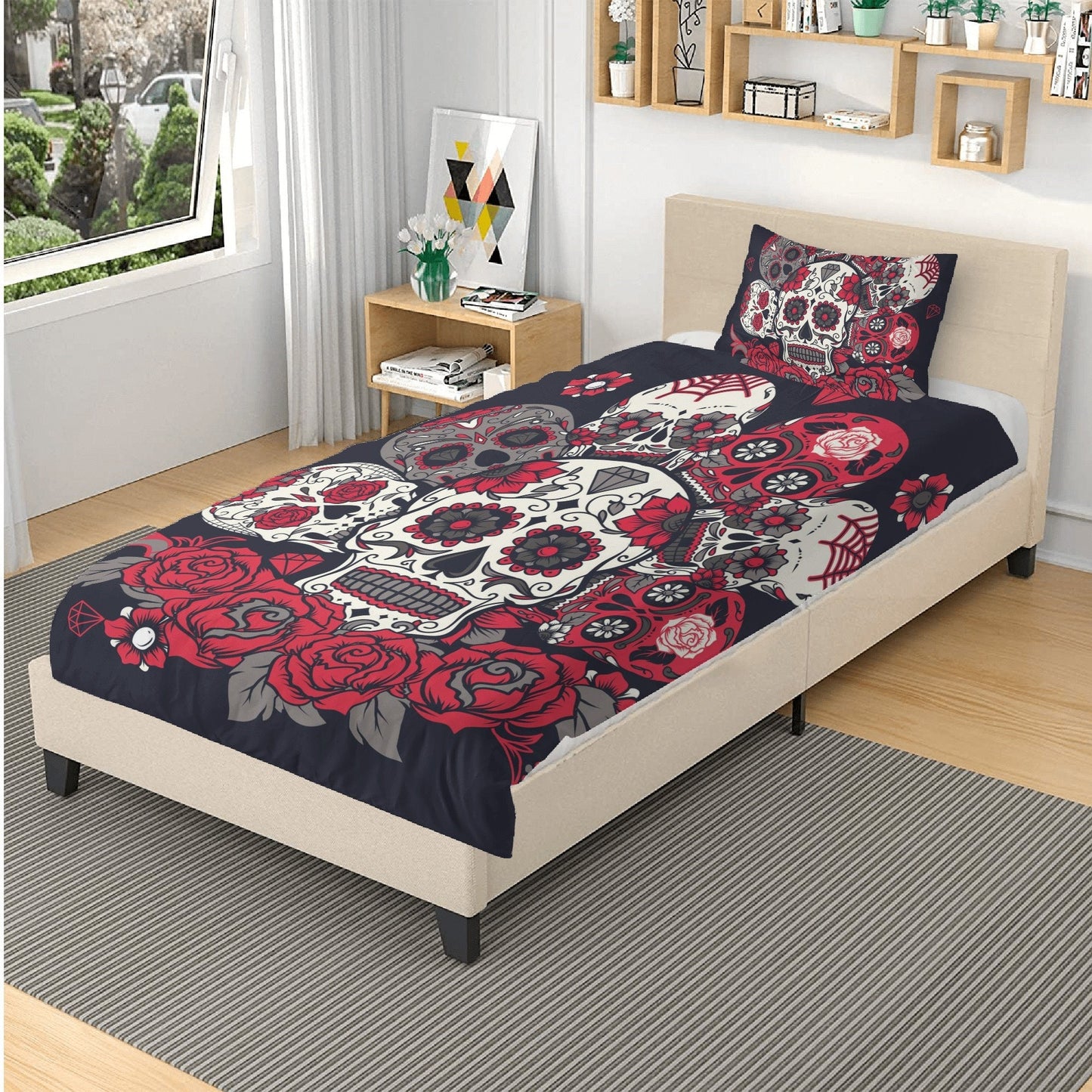 4pcs Floral sugar skull bedding duvet cover set, day of the dead skull candy skull bedding set, sugar skull duvet cover set pillow covers