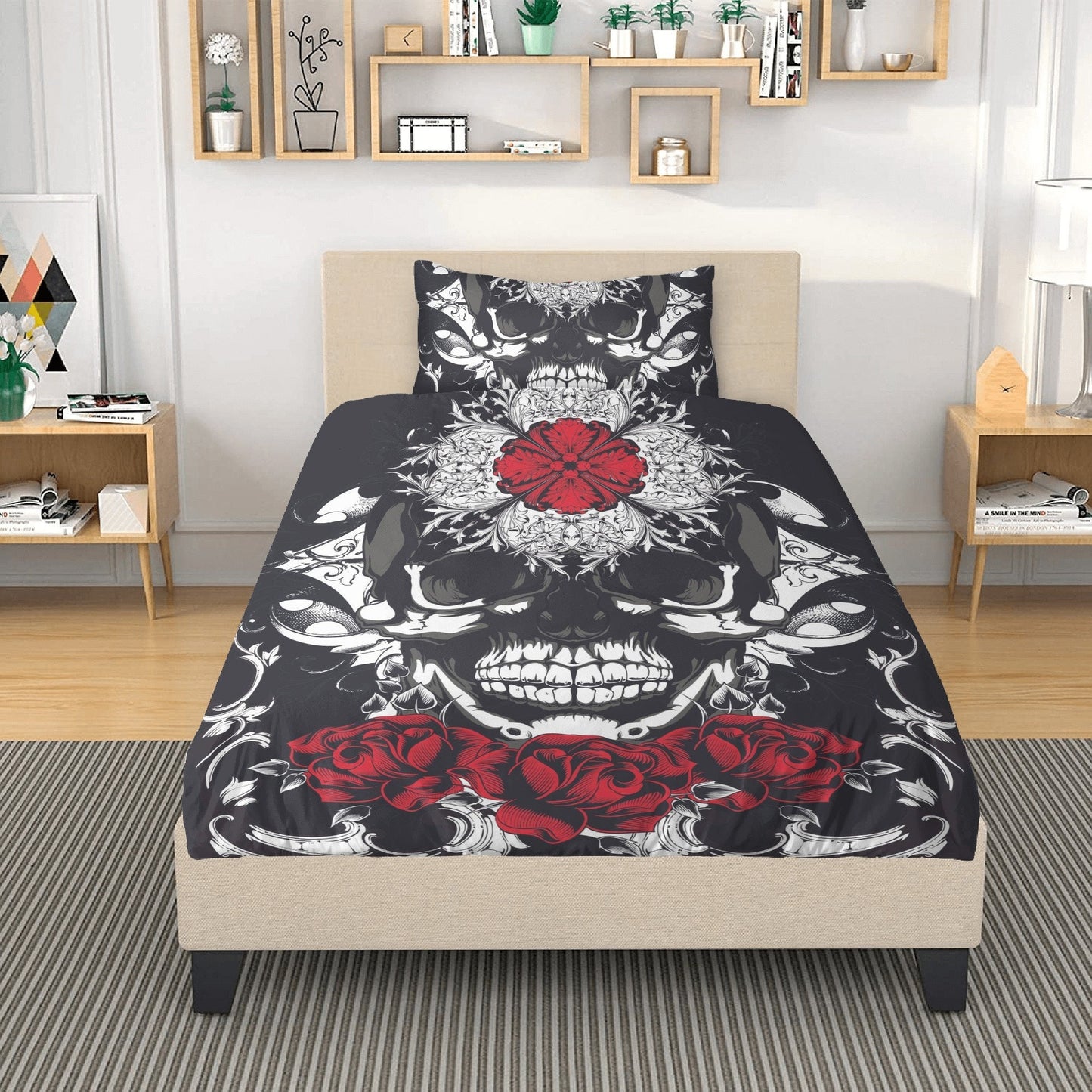 4pcs Floral skull bedding set, Rose skull skeleton duvet cover set Halloween skull bedding set Grim reaper skull Comforter Set pillow covers