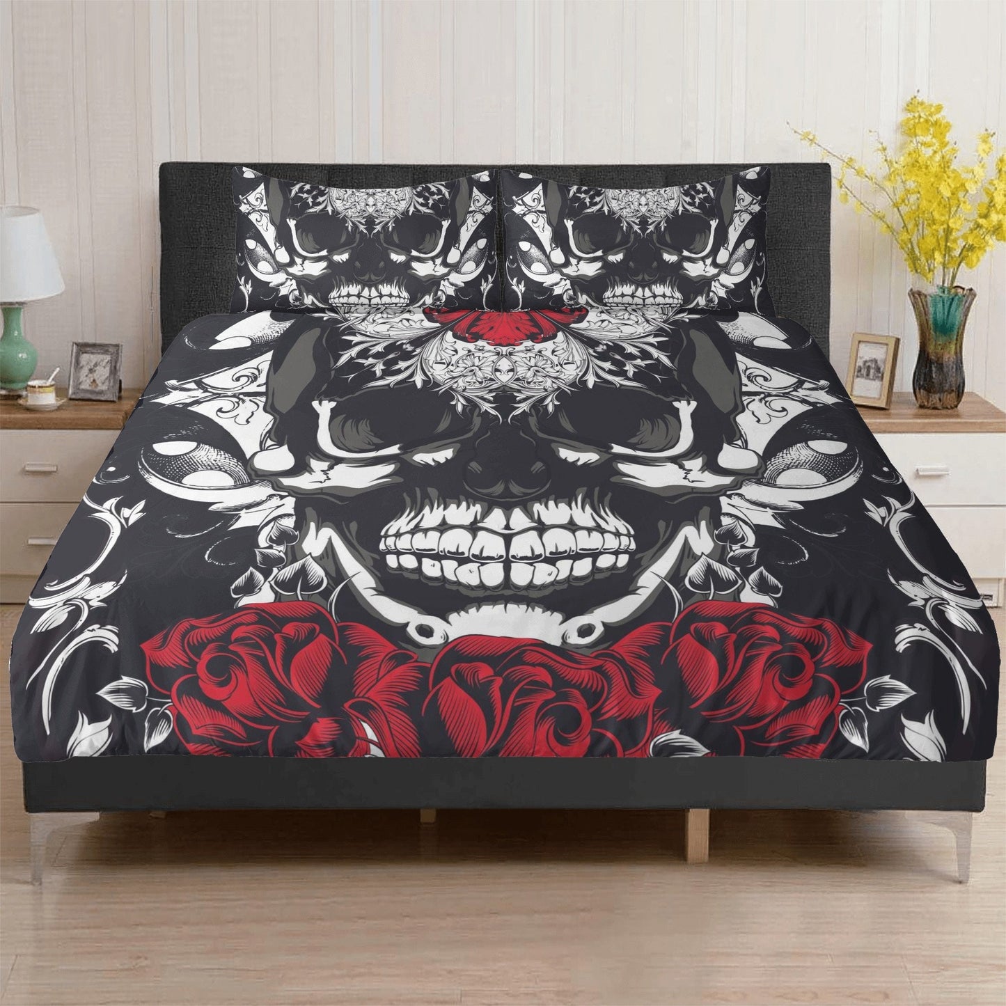 4pcs Floral skull bedding set, Rose skull skeleton duvet cover set Halloween skull bedding set Grim reaper skull Comforter Set pillow covers