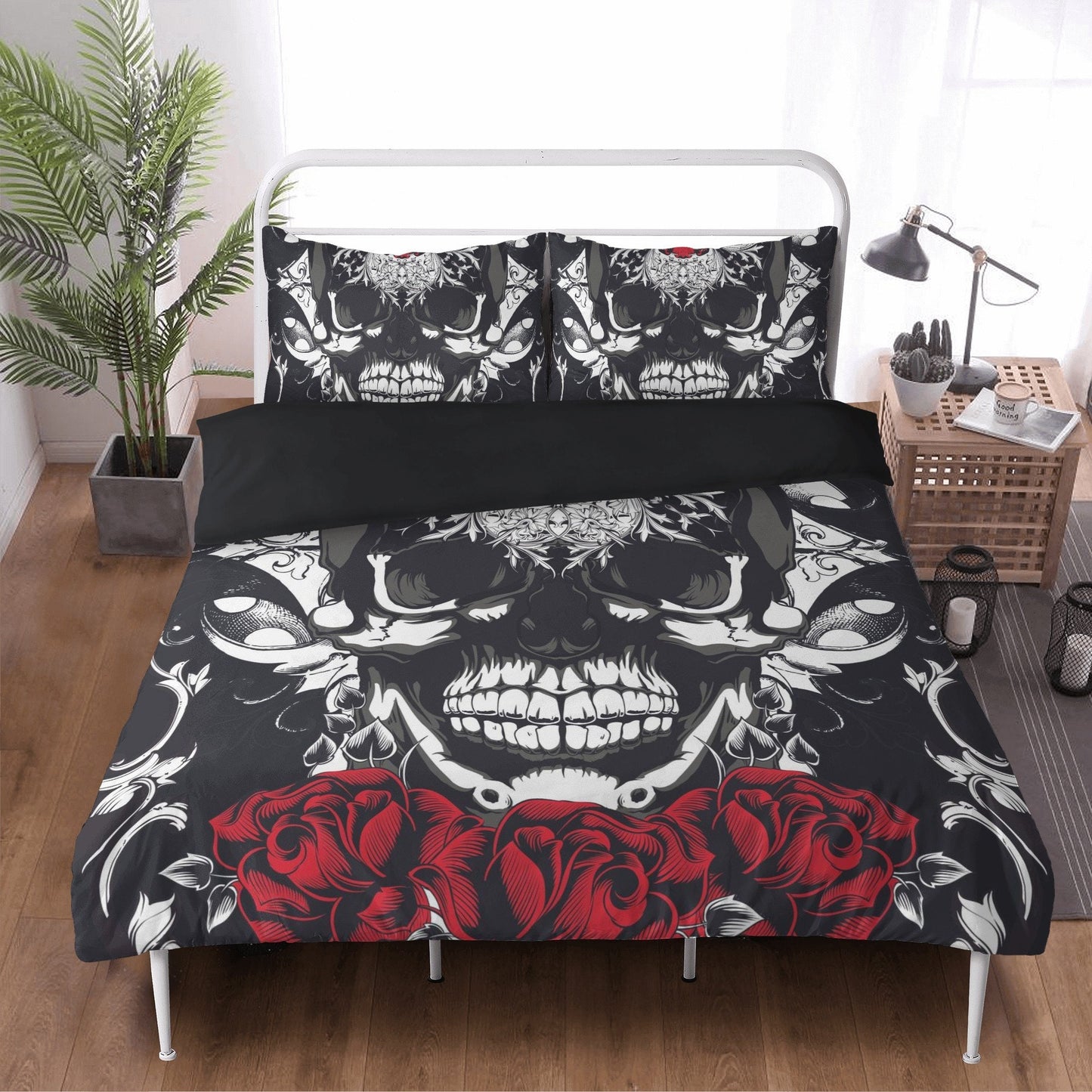 4pcs Floral skull bedding set, Rose skull skeleton duvet cover set Halloween skull bedding set Grim reaper skull Comforter Set pillow covers