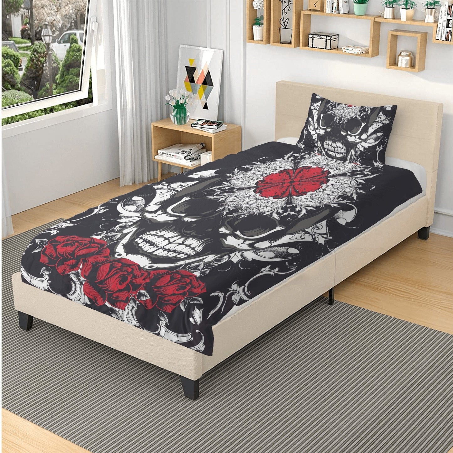 4pcs Floral skull bedding set, Rose skull skeleton duvet cover set Halloween skull bedding set Grim reaper skull Comforter Set pillow covers