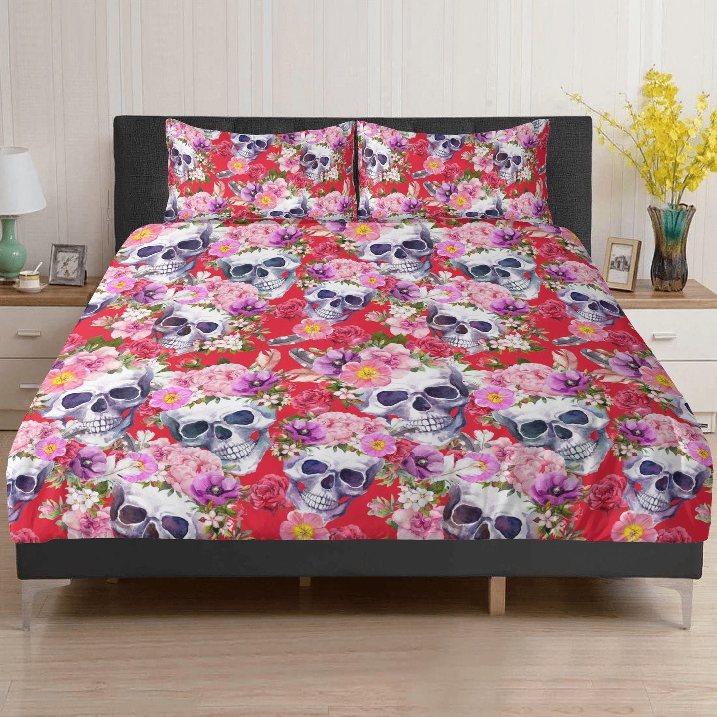 4pcs Rose skull bedding set, Gothic skeleton duvet cover set, Halloween skull bedding set, Grim reaper skull duvet cover skull Comforter Set