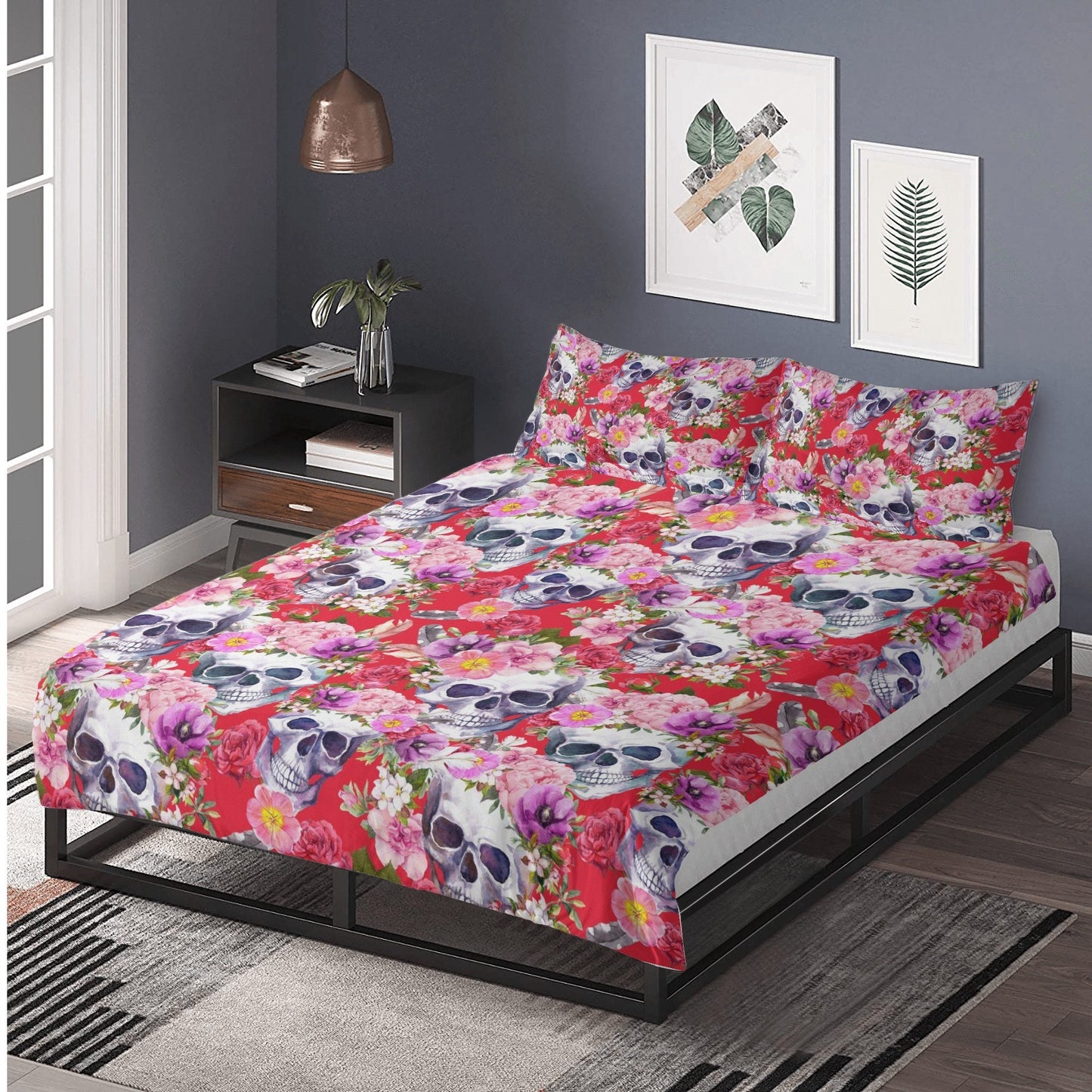 4pcs Rose skull bedding set, Gothic skeleton duvet cover set, Halloween skull bedding set, Grim reaper skull duvet cover skull Comforter Set