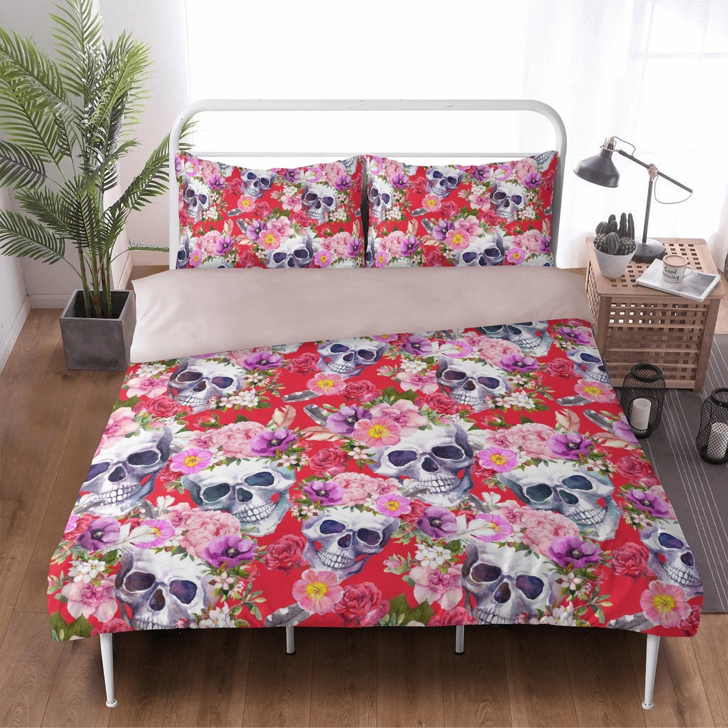 4pcs Rose skull bedding set, Gothic skeleton duvet cover set, Halloween skull bedding set, Grim reaper skull duvet cover skull Comforter Set