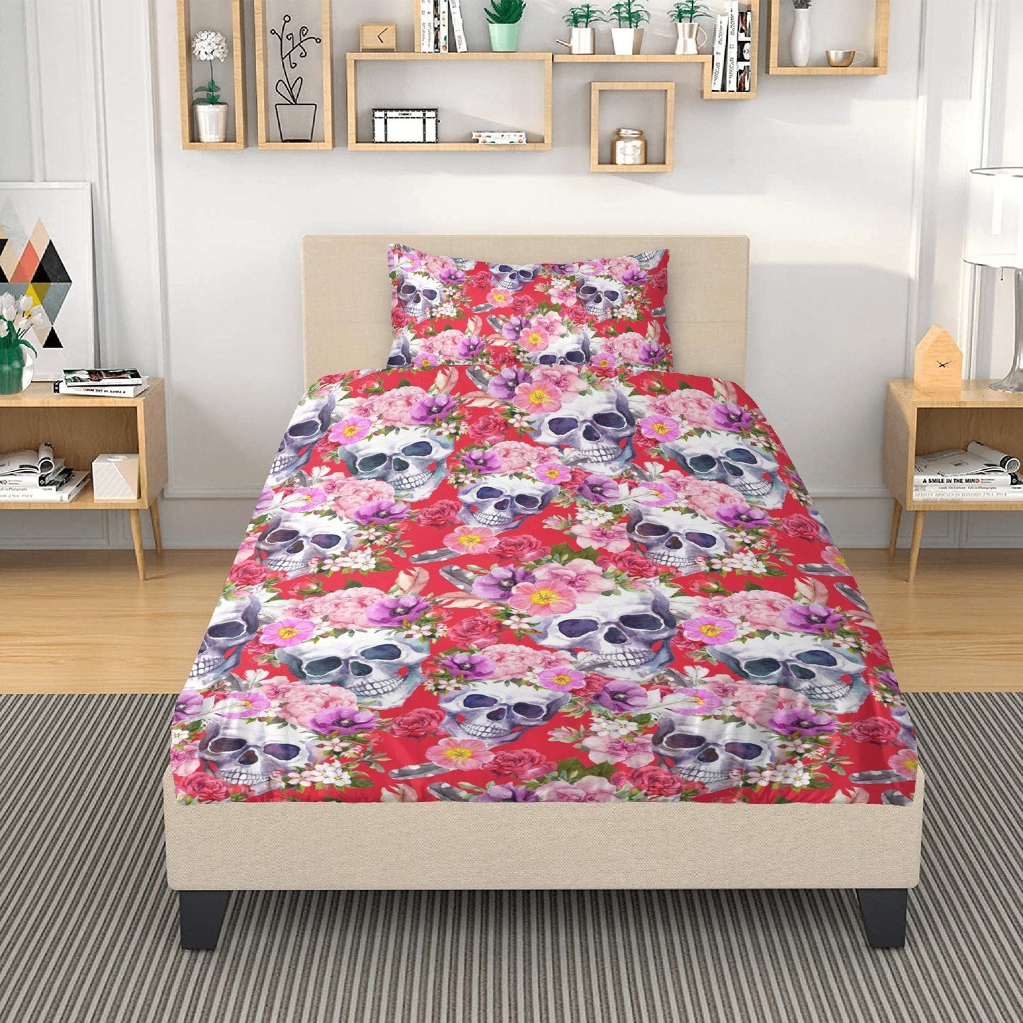 4pcs Rose skull bedding set, Gothic skeleton duvet cover set, Halloween skull bedding set, Grim reaper skull duvet cover skull Comforter Set