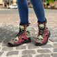 Floral skull leather boots, Halloween skull boots for men Rose skeleton skull boots for women, skull biker boots Grim reaper men women boots