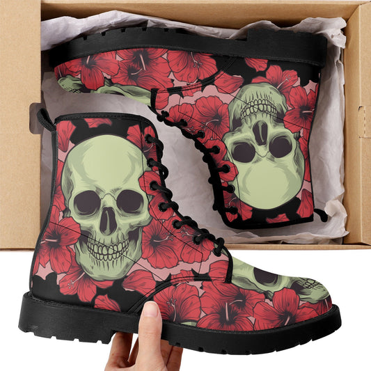 Floral skull leather boots, Halloween skull boots for men Rose skeleton skull boots for women, skull biker boots Grim reaper men women boots