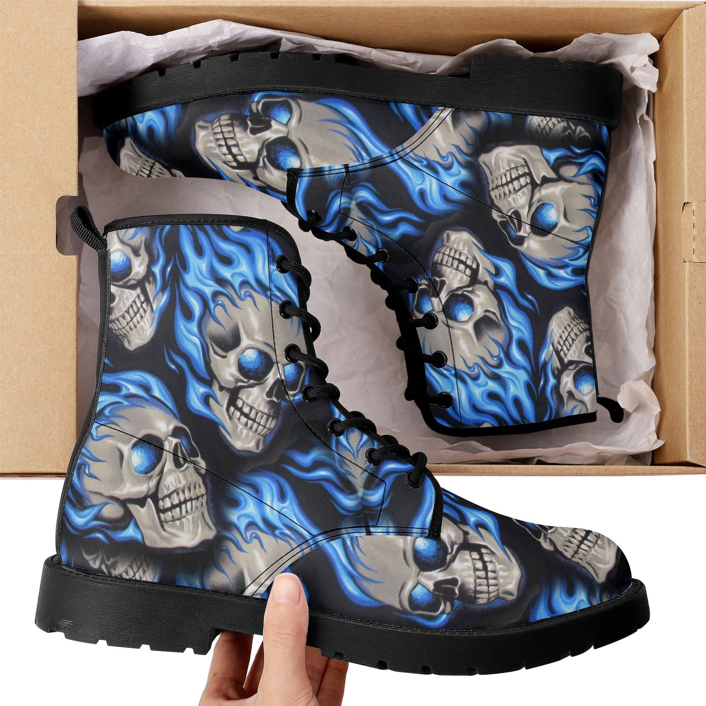 Flaming skull leather boots, Halloween skull boots for men, skeleton skull boots for women, skull fire boots gothic reaper men women boots