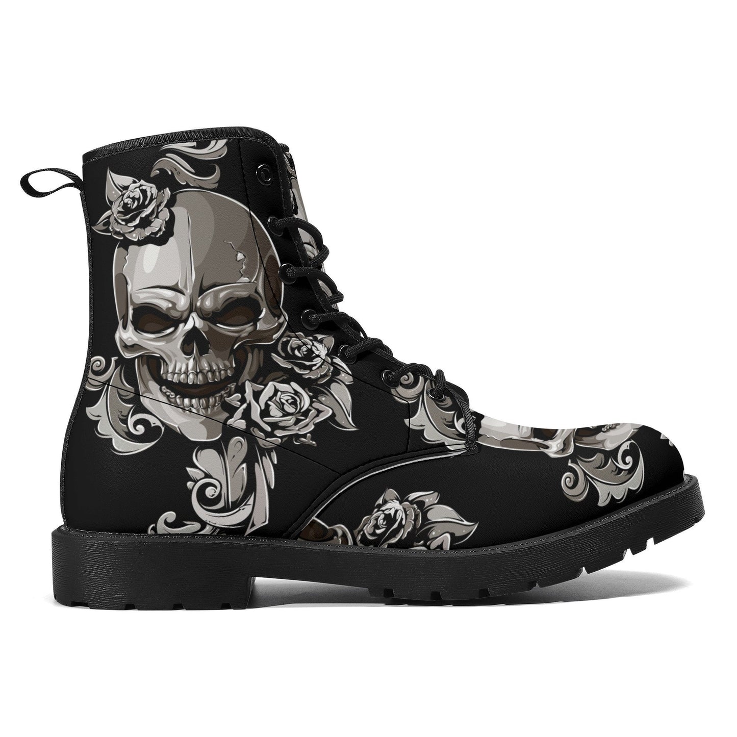 Floral skull leather boots, Halloween skull boots for men, flame skull boots for women, skull floral boots gothic skeleton men women boots