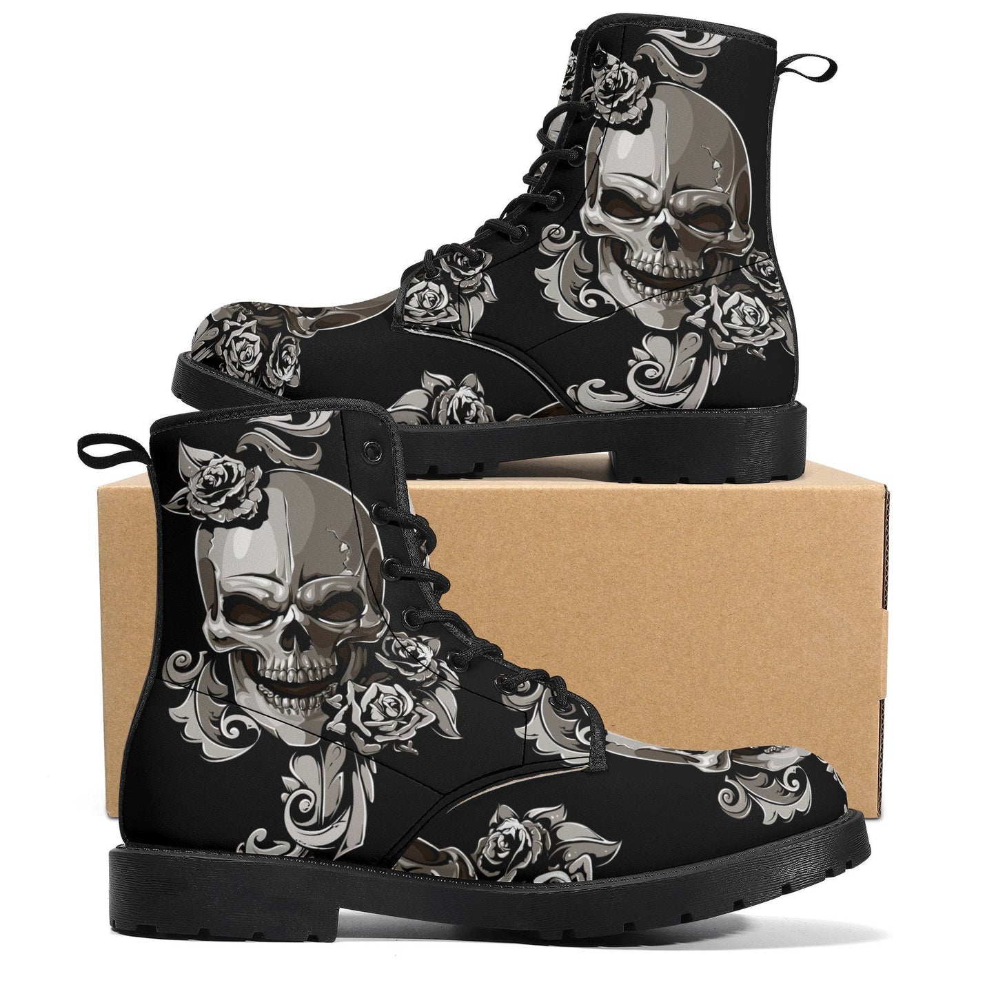 Floral skull leather boots, Halloween skull boots for men, flame skull boots for women, skull floral boots gothic skeleton men women boots