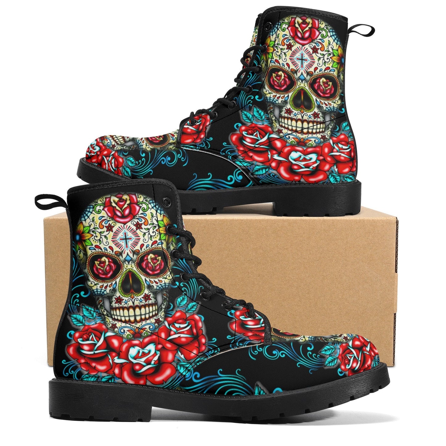 Mexico calaveras skull boots for men women, Dia de los muertos candy skull women boots skeleton boots, sugar skulls men leather boots shoes